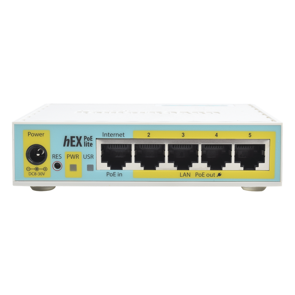 (hEX PoE LITE) RouterBoard, 5 Puertos Fast Ethernet, 4 con PoE Pasivo, 1 Puerto USB