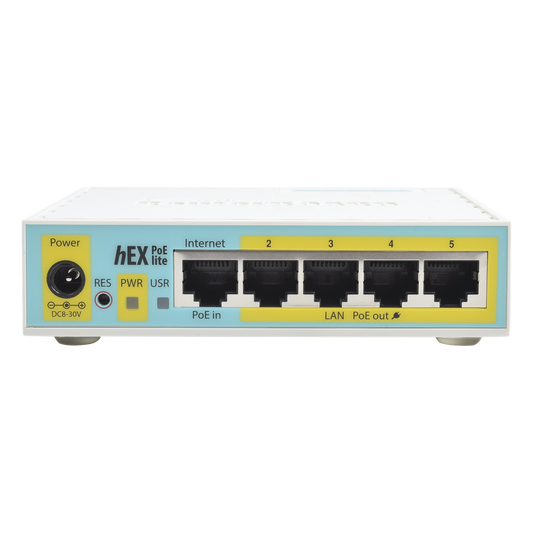 (hEX PoE LITE) RouterBoard, 5 Puertos Fast Ethernet, 4 con PoE Pasivo, 1 Puerto USB