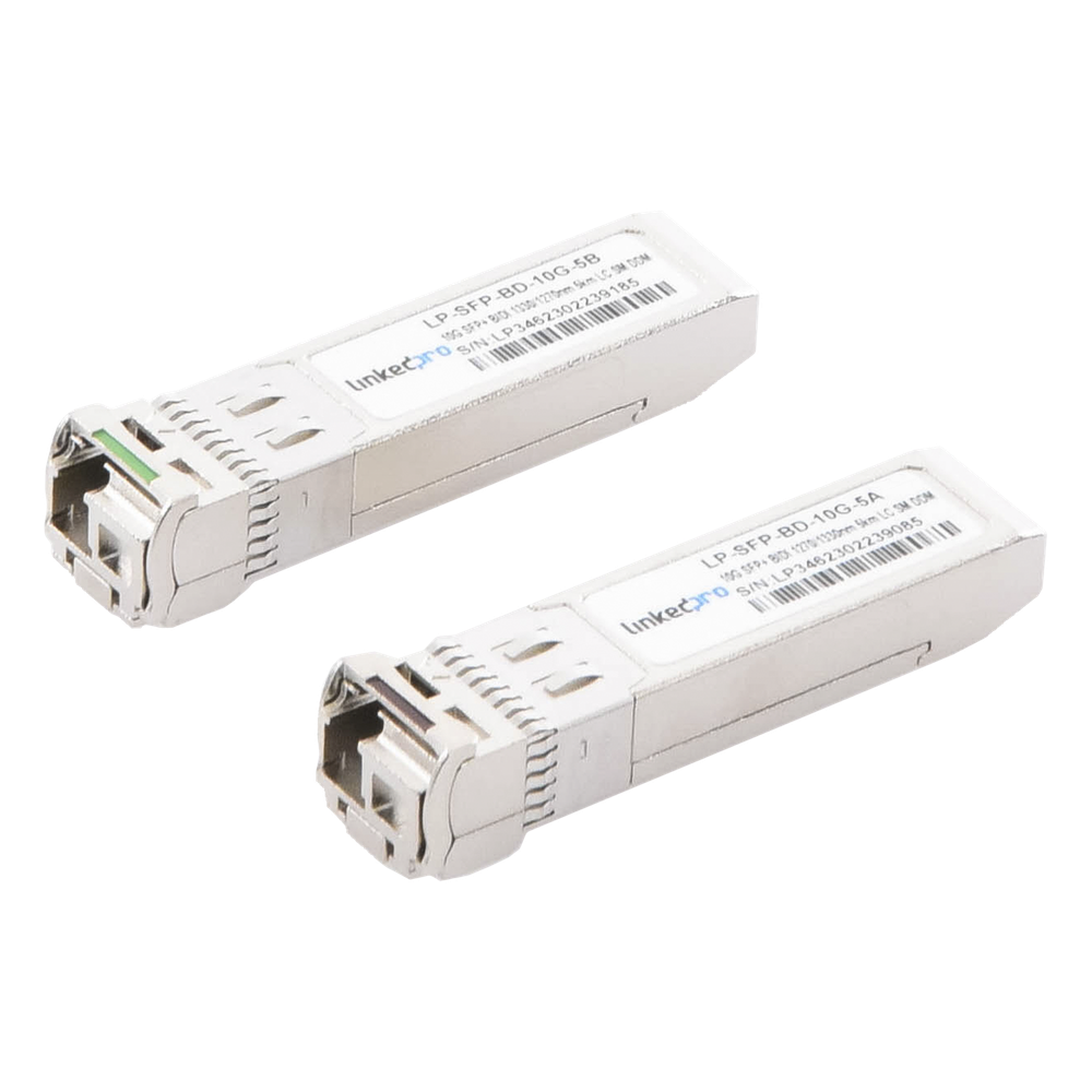 Transceptores Ópticos Bidireccionales SFP+ (Mini-Gbic) / Monomodo 1270 & 1330 nm / 10 Gbps / 10GBASE-BX / Conector LC/UPC Simplex / DDM / Hasta 5 km / 2 Piezas