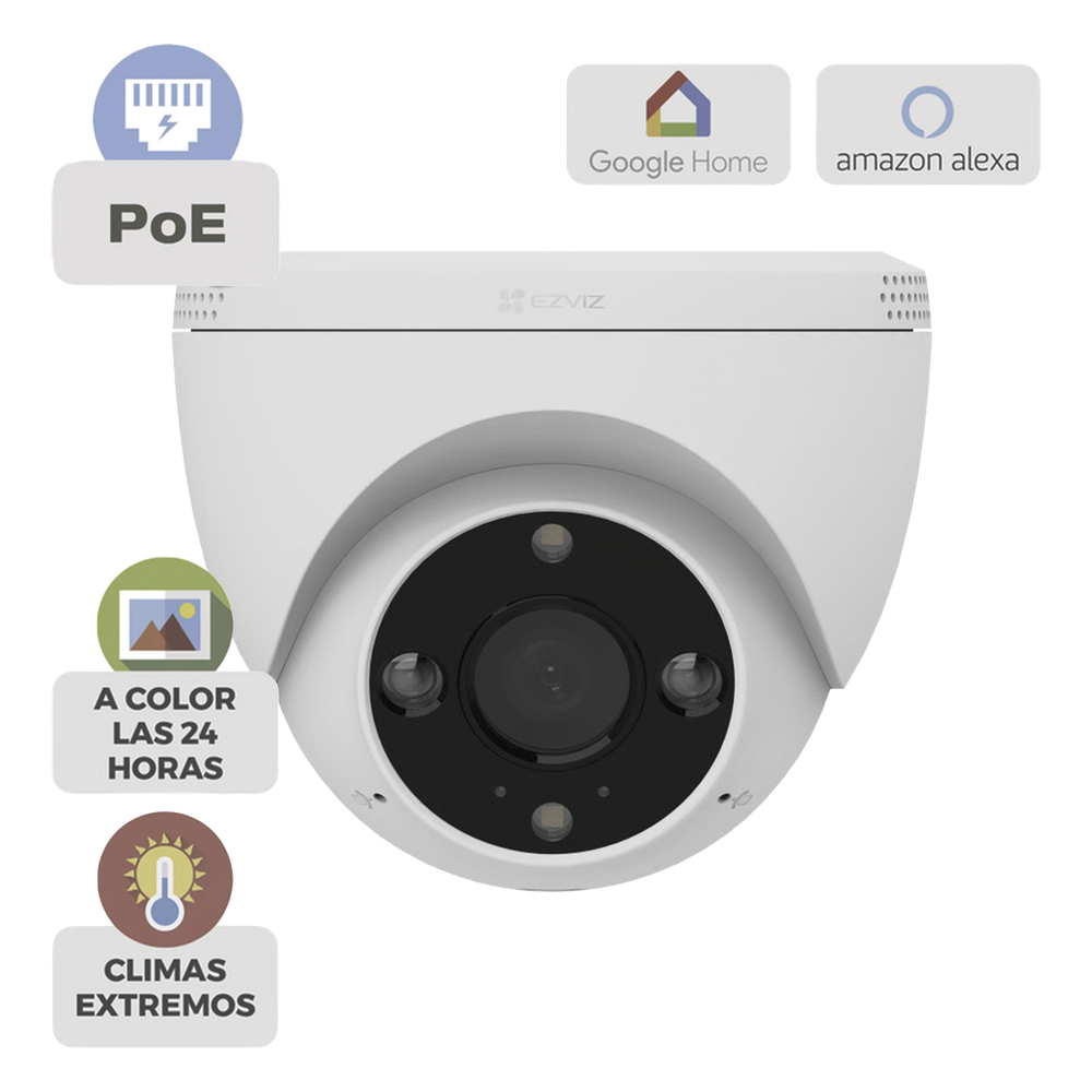 Cámara IP Domo PoE / Resolución 2K  3 Megapixel / Visión Nocturna a Color 30 m / Lente 2.8 mm 106° / Detección IA Humano/Vehículo / Audio Bidireccional / Defensa Activa con Luz y Sirena / IP67