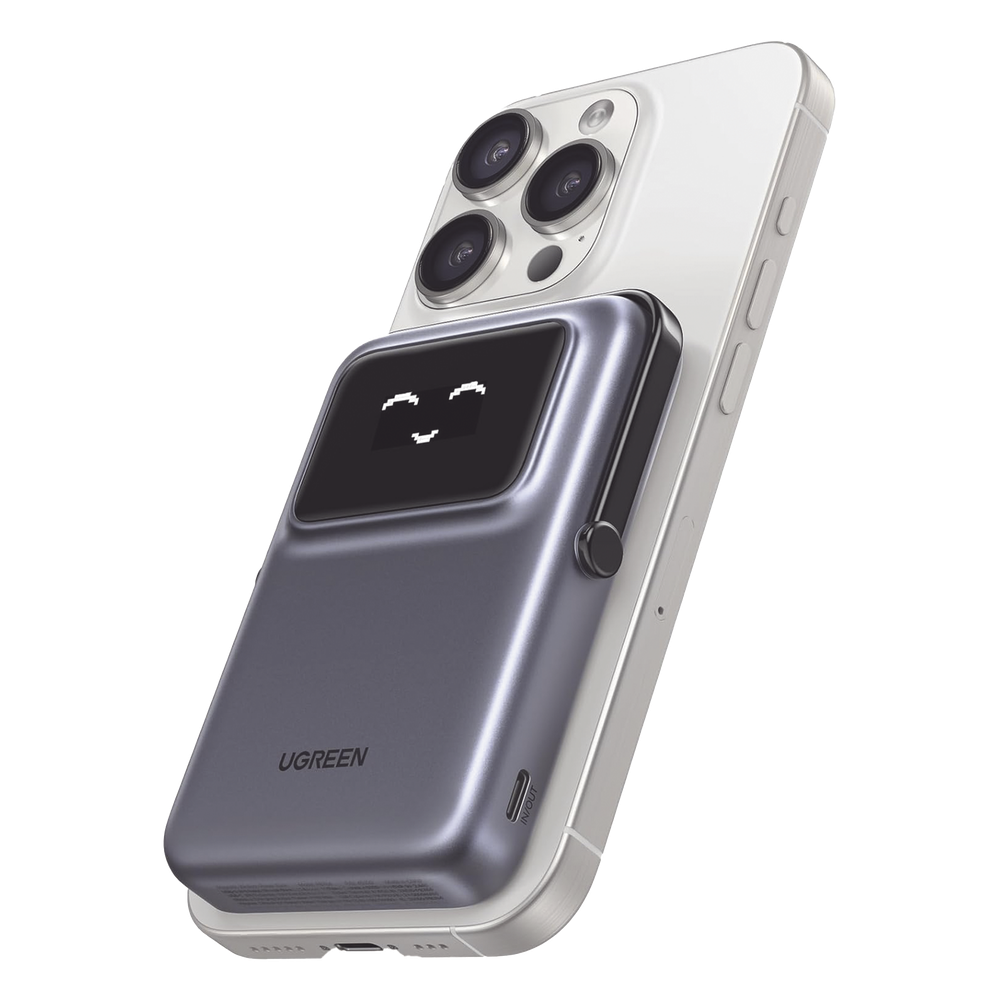 Power Bank Serie UNO Inalambrico | 10000mAh | 7.5W/20W  |  Con Emojis de Estado | Carga Rápida USB-C Bidireccional  | Pantalla TFT  Inteligente | Con Holder | Color Grey.