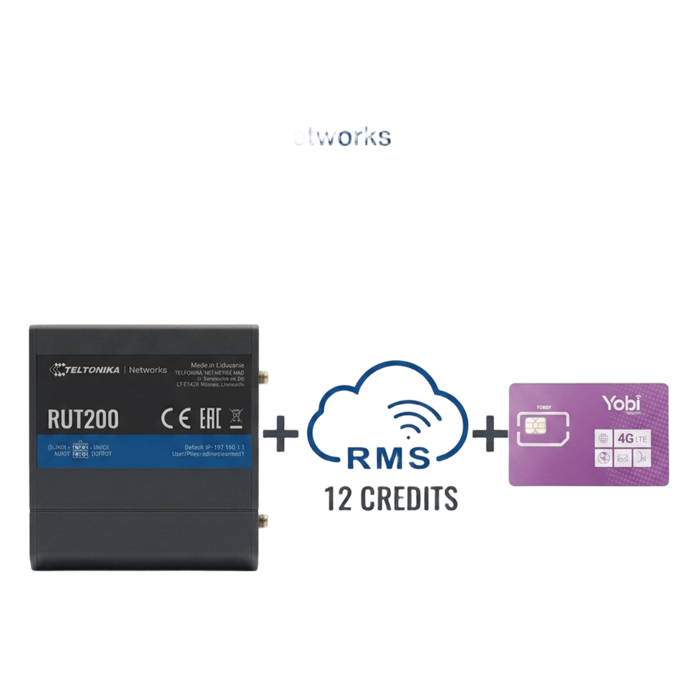 Router Teltonika LTE/4G RUT200 + 12 creditos RMS  + SIM de YOBI de 1GB por Mes durante un año de servicio (solo datos)