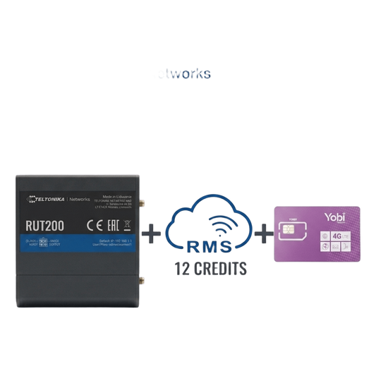 Router Teltonika LTE/4G RUT200 + 12 creditos RMS  + SIM de YOBI de 1GB por Mes durante un año de servicio (solo datos)