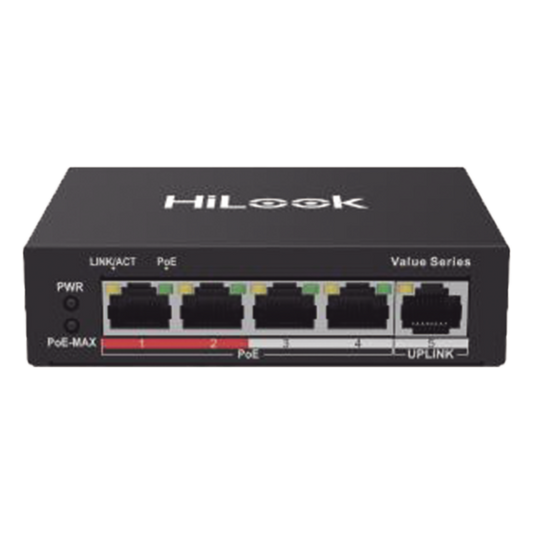 Switch PoE+ / 4 Puertos 10/100 Mbps PoE+ (af / at) / 1 Puerto 10/100 Mbps Uplink / Modo Extendido hasta 250 Metros / 35 Watts