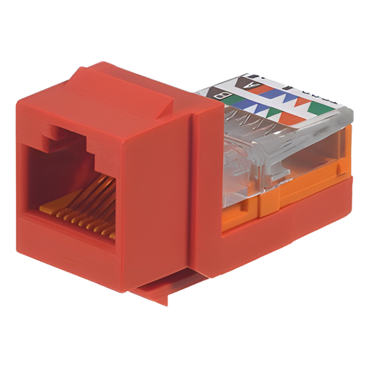 Conector Jack Estilo Leadframe, Tipo Keystone, Categoría 5e, de 8 Posiciones y 8 Cables, Color Rojo