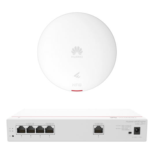 Kit DEMO de Router Multi-Servicio / 1 puerto 10/100/1000 Mbps(WAN) / 4 puertos 10/100/1000 Mbps(LAN) PoE / 50W + Punto de Acceso Wi-Fi 6 / 1.775 Gbps / MU-MIMO 2x2 (2.4GH y 5GHz) / Smart Antenna más cobertura / Instalación en techo y pared