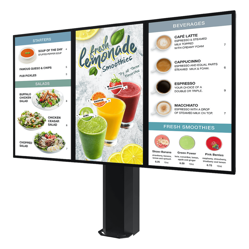 Montaje Tipo Kiosco para exterior compatible con Pantallas de 55" Samsung OH55AS / Diseño Ultradelgado / METAL / Exterior IP65 / Base Pedestal 8" / Soporte para 3 pantallas