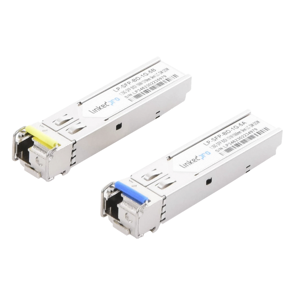 Transceptores Ópticos Bidireccionales SFP (Mini-Gbic) / Monomodo 1310 & 1550 nm / 1.25 Gbps / 1000BASE-BX / Conector LC/UPC Simplex / DDM / Hasta 5 km / 2 Piezas