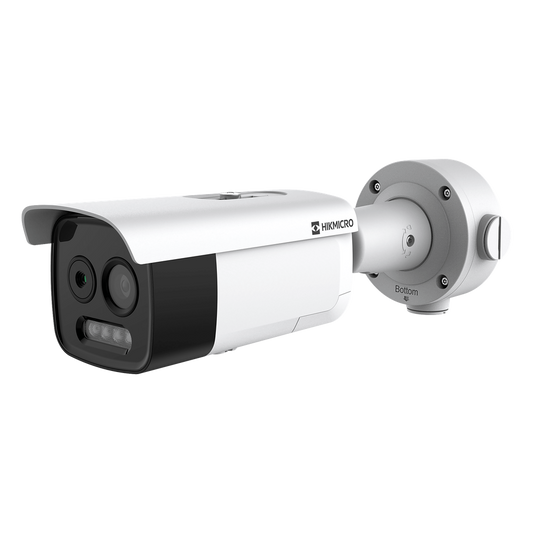 (HIKMICRO) Cámara Bala IP Bi-Espectral / Térmica (256 X 192 / 3.6 mm) + Óptica (5 MP / 4.3 mm) / IA GUANLAN / Rango: -20°C a 650°C / 2°C Tolerancia / Detección de Fuego y Humo / Alarma Visual y Audible / Dual Light