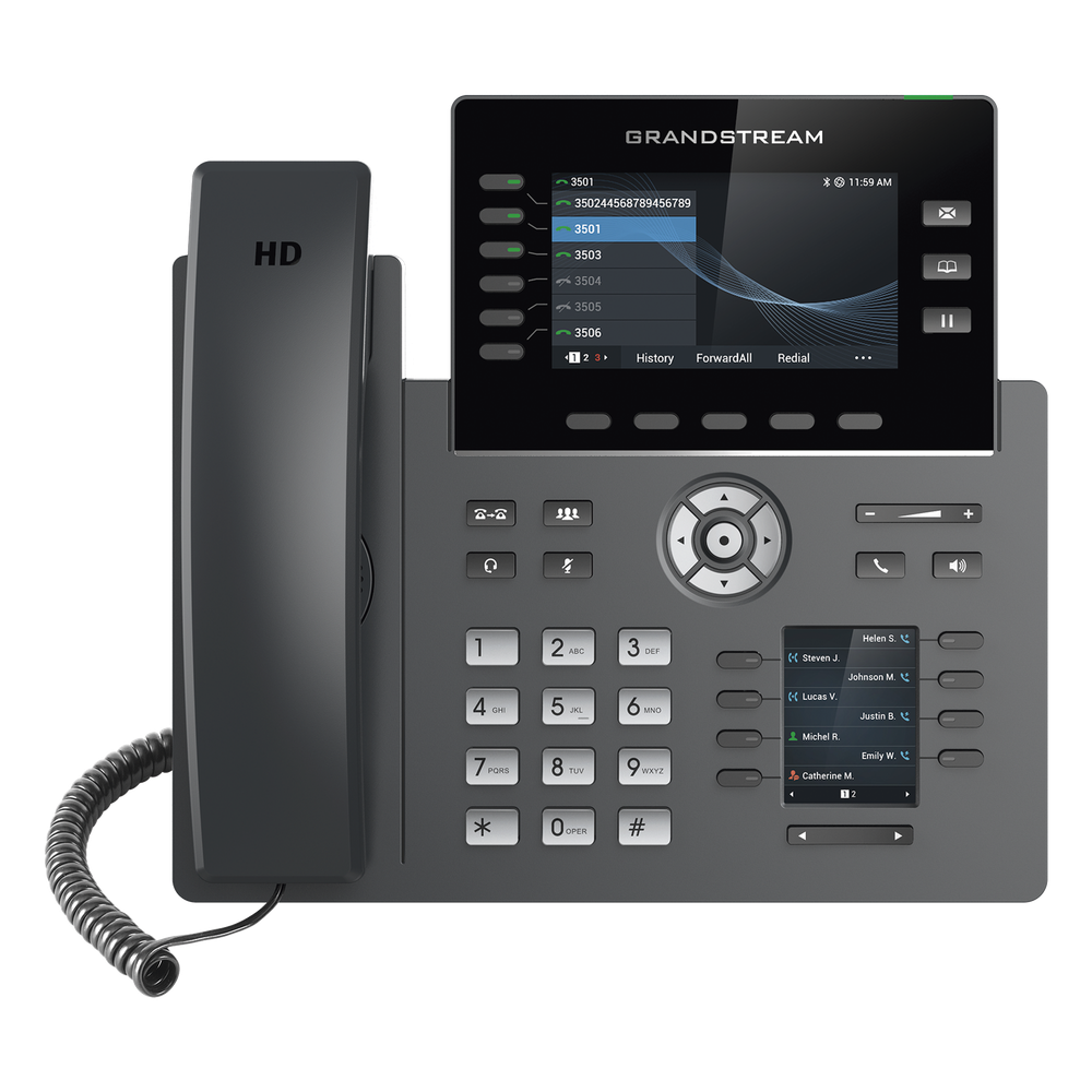 Teléfono IP Wi-Fi, Grado Operador, 6 líneas SIP con 6 cuentas, pantalla a color 4.3", puertos Gigabit, Bluetooth, PoE, codec Opus, IPV4/IPV6 con gestión en la nube GDMS
