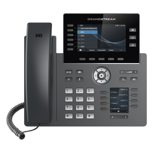 Teléfono IP Wi-Fi, Grado Operador, 6 líneas SIP con 6 cuentas, pantalla a color 4.3", puertos Gigabit, Bluetooth, PoE, codec Opus, IPV4/IPV6 con gestión en la nube GDMS