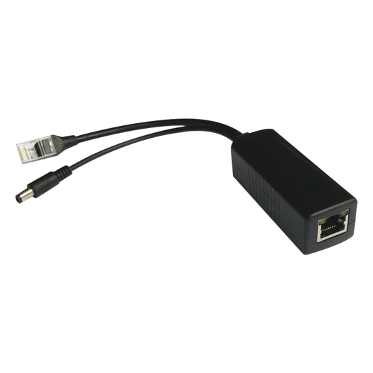 Cable divisor PoE pasivo de 48-55 Vcc @ 12 Vcc, 2 A. Aplicaciones como adaptar micrófonos en cámaras IP
