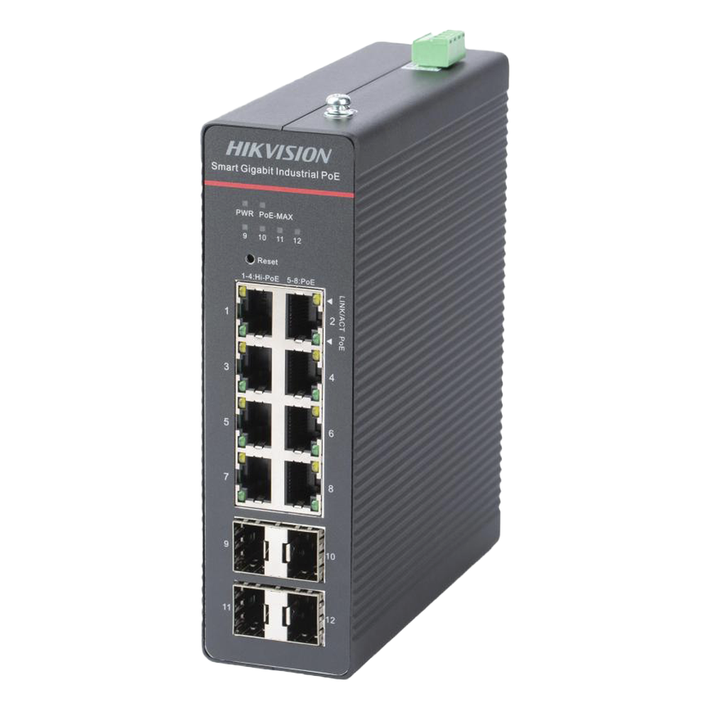 Switch Gigabit PoE+ / Industrial / Administrable / 4 Puertos Gigabit PoE+ (90 W) + 4 Puertos Gigabit PoE+(30 W) / 4 Puertos Gigabit SFP / 300 W Total / 48 a 57 VCD / Ideal para Proyectos / 300 Metros de Distancia
