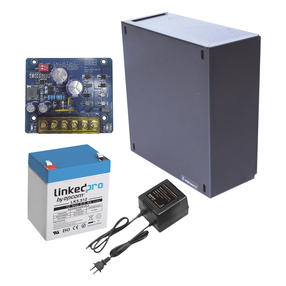 Kit con fuente PLB2 con salida de 12 Vcc a 1.5 Amper, incluye transformador y batería de 12 V a 5.5 Amper