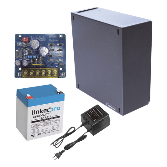 Kit con fuente PLB2 con salida de 12 Vcc a 1.5 Amper, incluye transformador y batería de 12 V a 5.5 Amper
