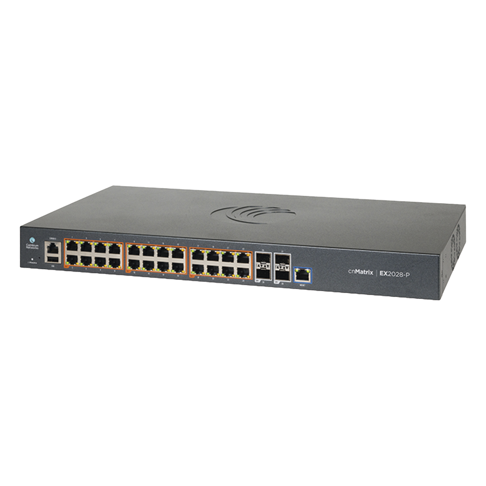 Switch cnMatrix EX2028-P capa 3 de 28 puertos (24 PoE Gigabit 802.3af/at, 4 SFP+) administración desde la Nube (MX-EX2028PxB-U)