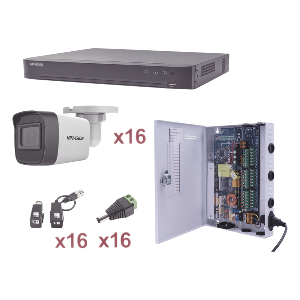 KIT TurboHD 1080p / DVR 16 Canales / 16 Cámaras Bala (exterior 2.8 mm) / Transceptores / Conectores / Fuente de Poder Profesional