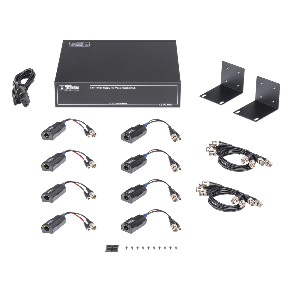 Kit de TRANSCEPTOR ACTIVO DE 8 CANALES / VIDEO+PODER en un solo Cable UTP / 150 metros en 4K, 200 metros en 5 MP/ Envía 36 Vcc y Recibe 12 Vcc / TODO INCLUIDO PARA RACK / Compatible con cámaras HD-TVI/CVI/AHD/CVBS / INSTALACIÓN LIMPIA