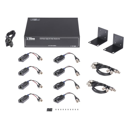 Kit de TRANSCEPTOR ACTIVO DE 8 CANALES / VIDEO+PODER en un solo Cable UTP / 150 metros en 4K, 200 metros en 5 MP/ Envía 36 Vcc y Recibe 12 Vcc / TODO INCLUIDO PARA RACK / Compatible con cámaras HD-TVI/CVI/AHD/CVBS / INSTALACIÓN LIMPIA