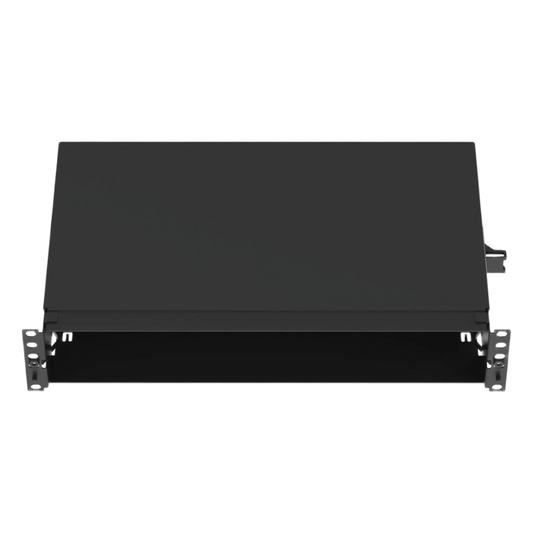 Panel de Distribución de Fibra Óptica, Acepta 8 Casetes QuickNet o Placas FAP/FMP con Panel CFAPPBL2 (No Incluido), Bandeja Fija, Hasta 192 Fibras, Color Negro, 2UR