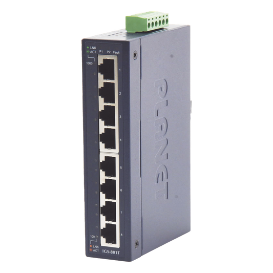 Switch Industrial No Administrable de 8 Puertos Gibabit 10/100/1000T, Diseñado para Montaje en Pared y Riel DIN