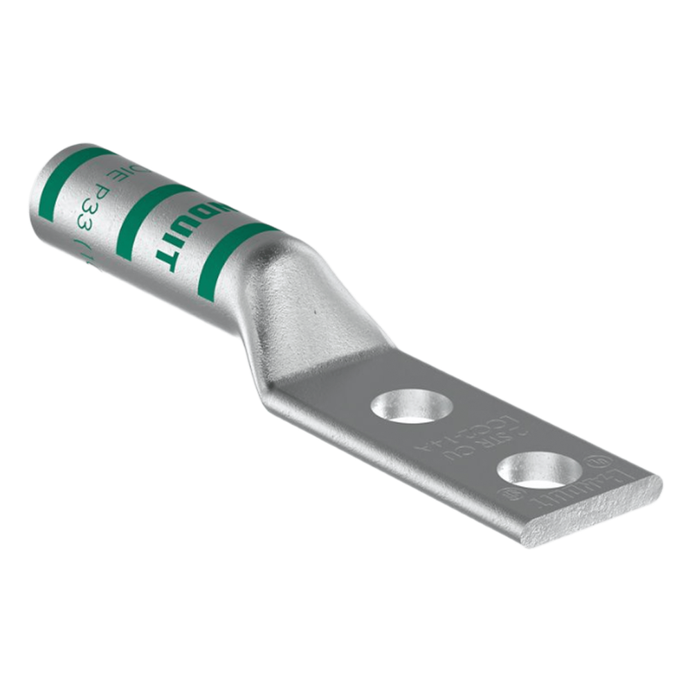 Zapata de compresión LCC2-14A-Q para cal. 2 Awg, Doble barreno para tornillo prisionero de 1/4, Espaciado de orificio 16 mm, 1 Pz
