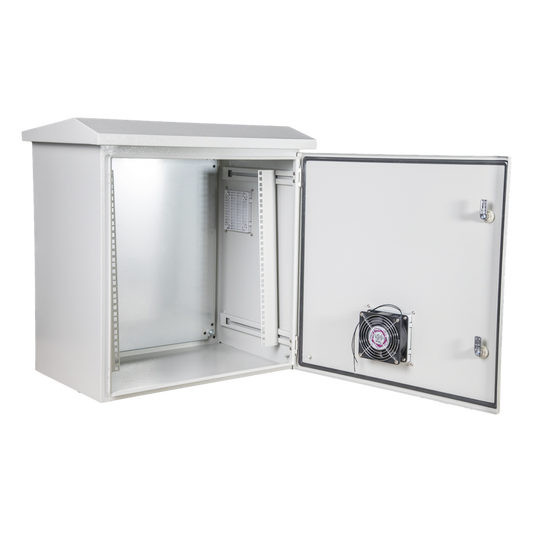 Kit Gabinete Ventilado de Acero, Rack 19" 11U, IP55 Uso en Exterior (593 x 609 x 399 mm) con Placa Trasera Interior Metálica y Compuerta Inferior Atornillable. Incluye Ventilador, Ventilas, filtros, Terminal de Tierra Física.