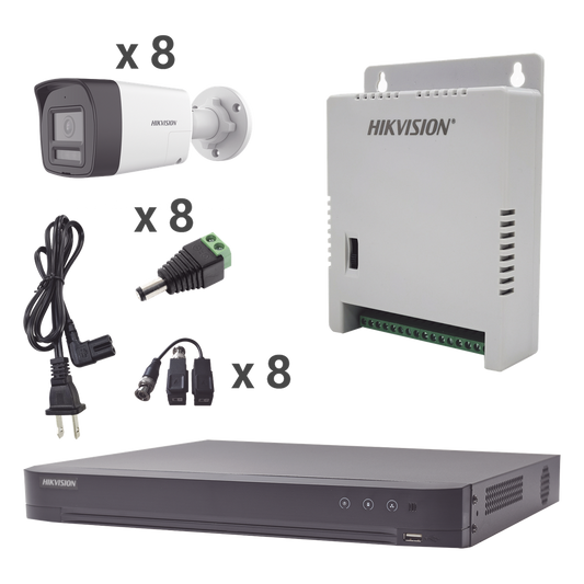 Kit Audio Bidireccional TurboHD 4K-3K / DVR 8 Canales 4K / 8 Cámaras Bala (Exterior) con Bocina y Microfóno Integrado 3K / 1 Fuentes de Poder / Accesorios