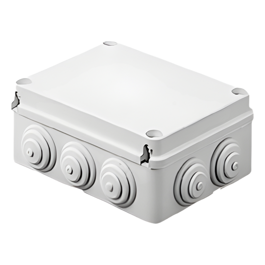 Caja de derivación de PVC Auto-extinguible con 10 entradas, tapa atornillada, 190 x 140 x 70 MM, Para Exterior (IP55)