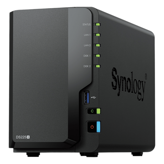 NAS DiskStation DS225+ | 2 Bahías | Intel Celeron J4125 | 2 GB DDR4 | Hasta 40 TB | Puertos 1GbE y 2.5GbE | USB 3.2 Gen 1 | Compatible con RAID | Synology DSM.