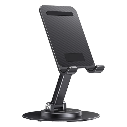 Soporte para Teléfono Celular Giratorio | 360° de Rotación | Angulo Ajustable | Altura Ajustable 17-20cm  | Antideslizante | Ejes Giratorios de Alta Precisión| Plegable | Aluminio | Color Gris