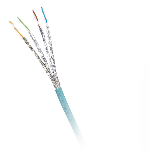 Bobina de Cable Blindado S/FTP Categoría 6A, Uso Industrial con Resistencia al Aceite, Rayos UV y Abrasión, Multifilar (Flexible), Color Azul Cerceta, Bobina de 500 Metros (1640 Pies)