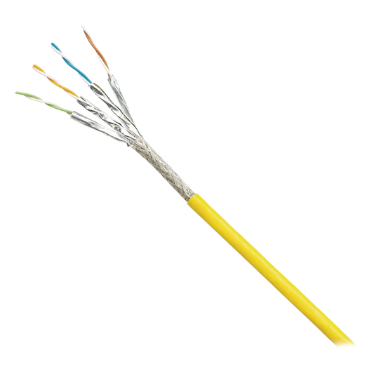 Bobina de Cable Blindado S/FTP Categoría 6A, Uso Industrial con Resistencia al Aceite, Rayos UV y Abrasión, Multifilar (Flexible), Color Amarillo, Bobina de 500 Metros (1640 Pies)