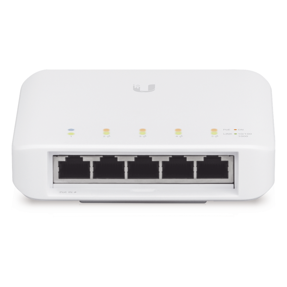 Switch UniFi FLEX de 5 puertos para semi-exterior IP55 (1 x PoE de entrada 802.3af/at/bt y 4 puertos PoE de salida 802.3af)