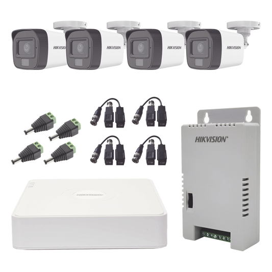 Kit TURBOHD 1080p / DVR 4 Canales / 4 Cámaras con Micrófono Integrado y 101° Visión / Luz Blanca + IR Visión Nocturna / Transceptores / Conectores / Fuente de Poder Profesional Compacta