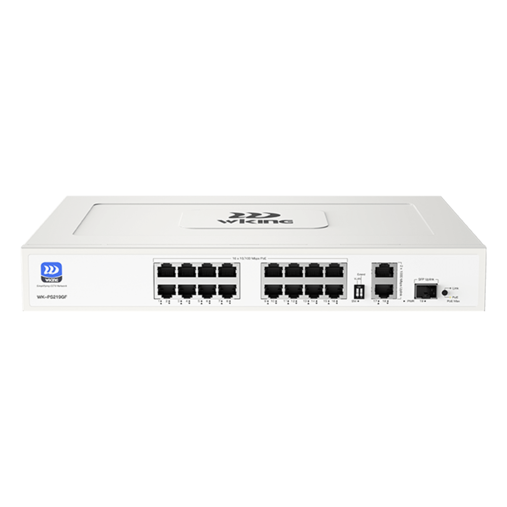 Switch no administrable PoE WI-TEK / Gestión Cloud / 16 Puertos 10/100 Mbps PoE af/at / 2 Puertos Uplink Gigabit / 1 Ranura SFP 1000 Mbps / Presupuesto 180 W / Puerto 1 Hi-PoE 60W