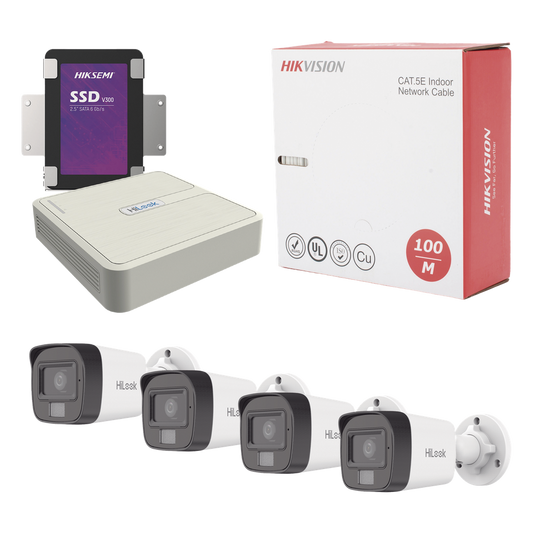 Kit IP 4 Megapixel / NVR de 4 Canales / 4 Cámaras IP Dual light y Microfono Integrado / Bobina de Cable de 100 mts / Disco Duro 1 TB