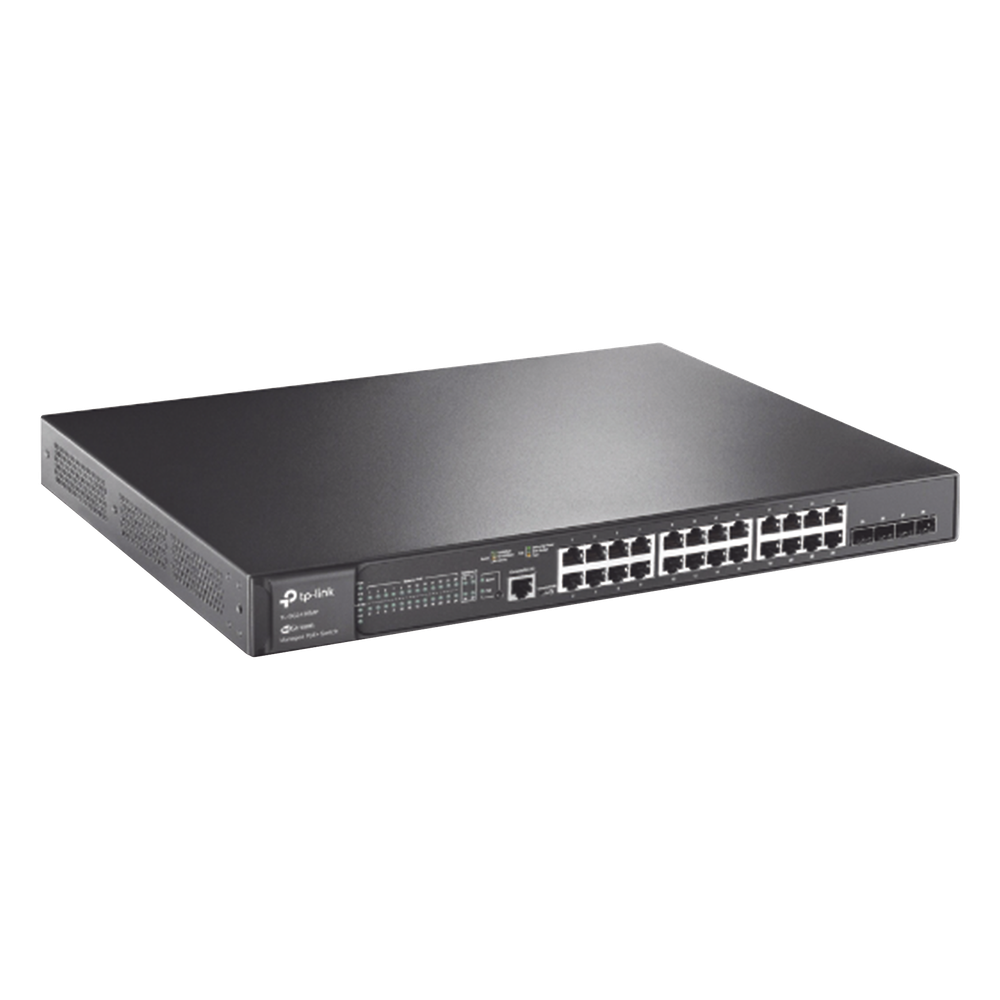 Switch L2+ Omada PoE+ / 24 Puertos PoE+ 10/100/1000 Mbps / 4 Puertos SFP 1G / 2 Puertos Consola (RJ45 y microUSB) / Administración Centralizada Omada o Stand-Alone / Multicast IGMP / Calidad de Servicio / Presupuesto PoE 384W / Montaje en Rack