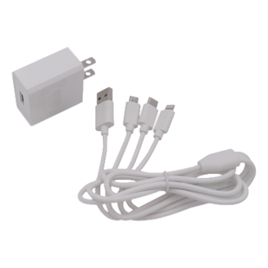 Cargador de pared USB de 5 Vcc 2A / Multi-puertos / USB-C / Micro USB / Tipo C / Lightning (iPhone) / Extensión de cable 1.2 metros
