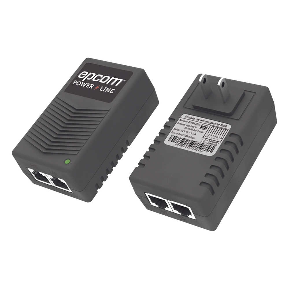 Adaptador de pared / Inyector PoE / 24 Vcc / 1 A / Controlado por chip IC / Protección contra OV, OC, SC, UV/  Fácil de instalar