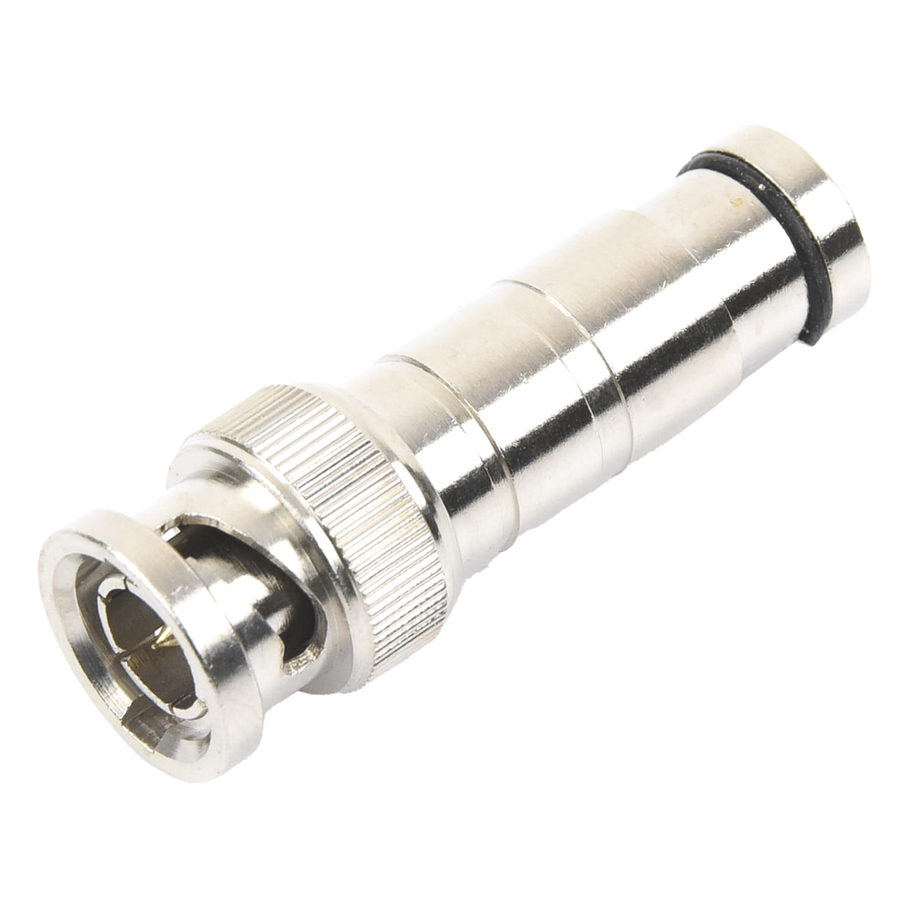 Conector BNC Macho en 75 Ohm, de Compresión Axial para Cable Coaxial RG-59/U, Níquel/ Oro/ Politetrafluoroetileno.