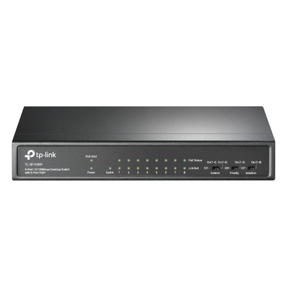Switch PoE+ No Administrable / De Escritorio 9 puertos 10/100 Mbps / 8 puertos PoE af/at Inteligente / Presupuesto 65 W / Hasta 250 metros