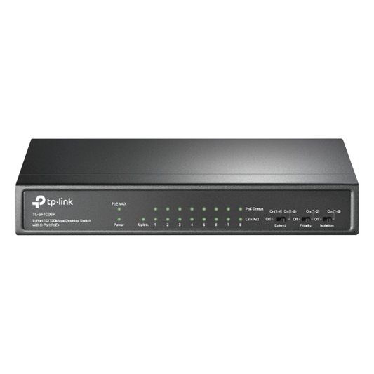 Switch PoE+ No Administrable / De Escritorio 9 puertos 10/100 Mbps / 8 puertos PoE af/at Inteligente / Presupuesto 65 W / Hasta 250 metros