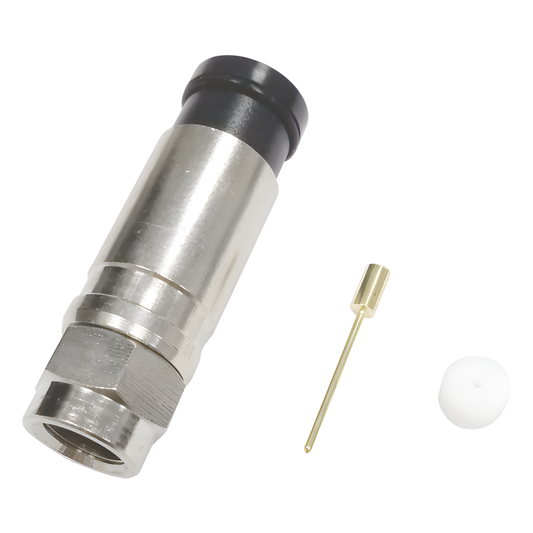 Conector F Macho de Compresión Axial con Borne Negro para instalar en Cable Coaxial RG-11, 75 Ohm, Bronce-Niquelado.