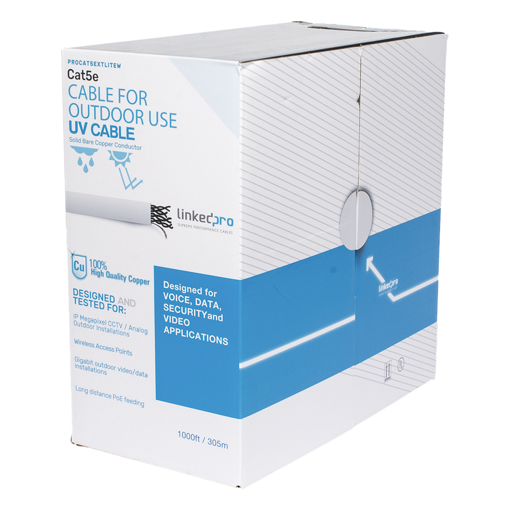 Bobina de cable de 305 m, Cat5e, para intemperie, sin blindar, color blanco, UL, para aplicaciones en CCTV, redes de datos, Requiere tubería para su correcta instalación en ambientes exteriores.