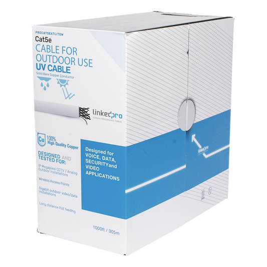 Bobina de cable de 305 m, Cat5e, para intemperie, sin blindar, color blanco, UL, para aplicaciones en CCTV, redes de datos, Requiere tubería para su correcta instalación en ambientes exteriores.