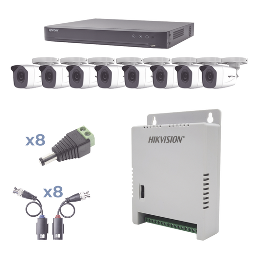 KIT TurboHD 1080p / DVR 8 Canales / 8 Cámaras Bala (exterior 2.8 mm) / Transceptores / Conectores / Fuente de Poder Profesional hasta 15 Vcc para Larga Distancias