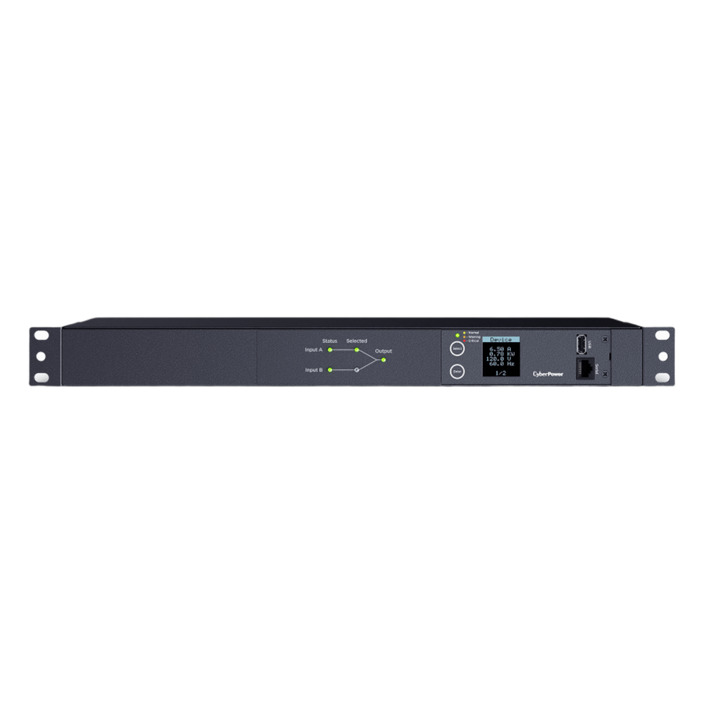 PDU ATS (Fuente Redundante Auto-transferible) Medible, Para Distribución de Energía, 2 Entradas 120 Vca NEMA5-15P, Con 10 Salidas NEMA 5-15R, Horizontal 19in, 1UR