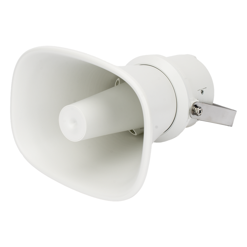 Bocina (Altavoz IP ) | Tipo Trompeta | 25 Watts | No requiere amplificador | 24VCD | Exterior IP67 | Metal | Entrada de alarma | Voceo en tiempo real | Calendarización de audios | Síntesis de Voz (TTS)