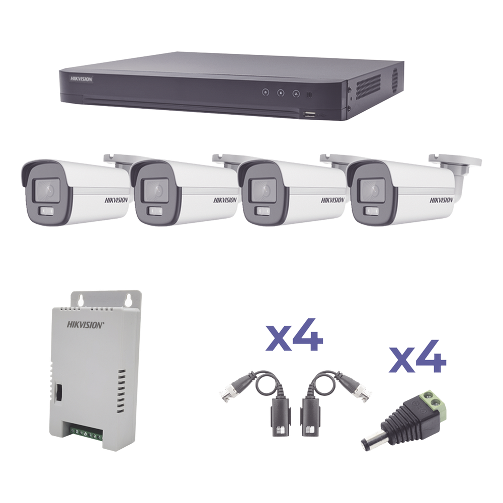 KIT COLORVU TURBOHD 1080p / DVR 4 Canales / 4 Cámaras Bala (exterior) lente 2.8mm / Fuente de poder profesional / Transceptores de video y Accesorios de corriente